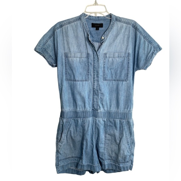 J Crew Womens Denim Romper Medium Wash Button Short Sleeve Size 4 Lyocell Cotton - Picture 1 of 11